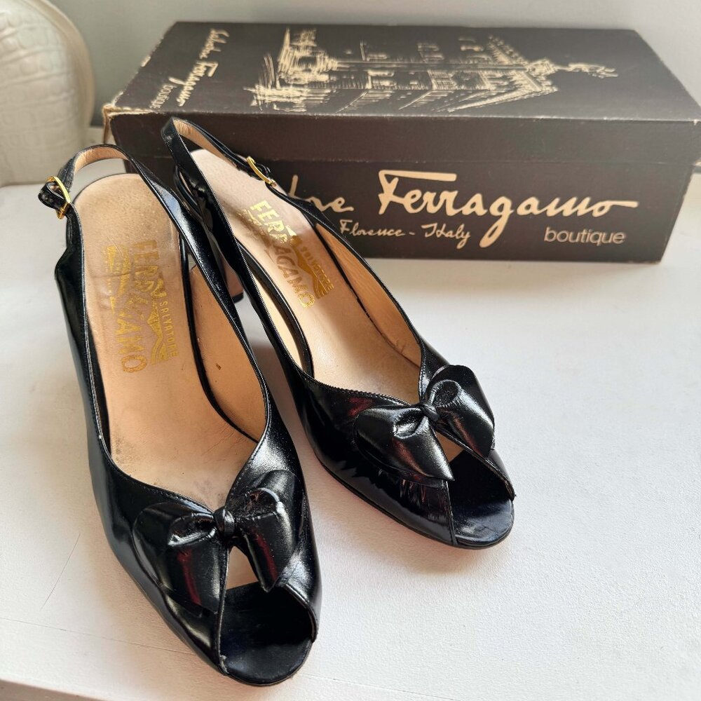 Salvatore Ferragamo Black Slingback Leather Pumps with Bow Accent